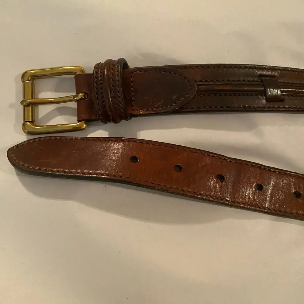 Haggar Brown Leather Belt 36 Brass Buckle Classic Stitched Detail